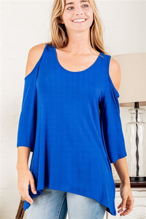 S35-1-1-HM-ST1003S-RYBL - COLD SHOULDER ROUND NECK SOLID TOP WITH SIDE POCKET- ROYAL BLUE 2-2-2