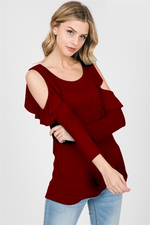 S35-1-1-HM-ST1007S-BU - RUFFLED COLD SHOULDER ROUND NECK SOLID TOP WITH TWIST KNOT- BURGUNDY 2-2-2