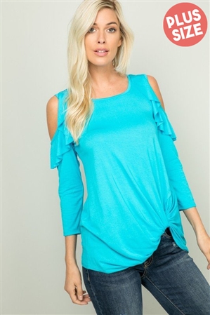 S35-1-1-HM-ST1007SX-AQ - PLUS SIZE RUFFLED COLD SHOULDER ROUND NECK SOLID TOP WITH TWIST KNOT- AQUA 2-2-2