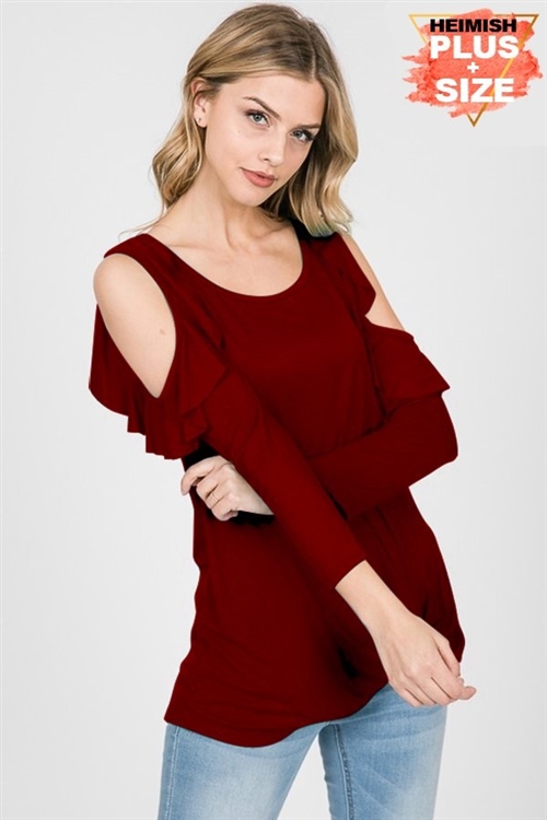 S35-1-1-HM-ST1007SX-BU - PLUS SIZE RUFFLED COLD SHOULDER ROUND NECK SOLID TOP WITH TWIST KNOT- BURGUNDY 2-2-2