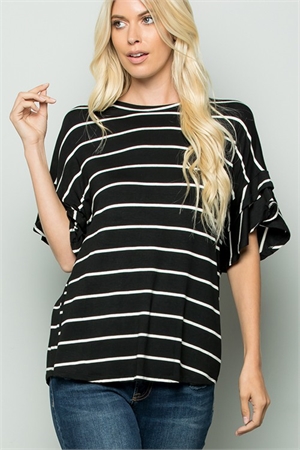 S35-1-1-HM-ST1011-11-BKIV - RUFFLED SHORT SLEEVE ROUND NECK STRIPE PRINT TOP- BLACK IVORY 2-2-2