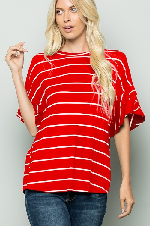 S35-1-1-HM-ST1011-11-RDIV - RUFFLED SHORT SLEEVE ROUND NECK STRIPE PRINT TOP- RED/IVORY 2-2-2