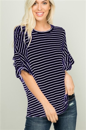 S35-1-1-HM-ST1011-16-NVIV - RUFFLED HALF SLEEVE ROUND NECK STRIPE PRINT TOP- NAVY IVORY 2-2-2