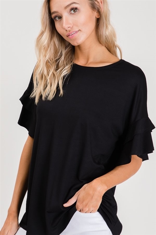 S35-1-1-HM-ST1011S-BK - RUFFLED SHORT SLEEVE ROUND NECK SOLID TOP- BLACK 2-2-2