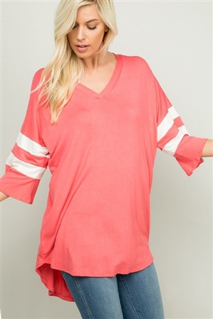 S35-1-1-HM-ST1019-10-CO - THREE QUARTER SLEEVE V NECK SOLID HIGH LOW TOP- CORAL 2-2-2