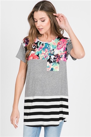 S35-1-1-HM-ST1057-10-HGY - FLORAL AND STRIPE CONTRAST CASUAL TOP WITH LACE- HEATHER GREY 2-2-2