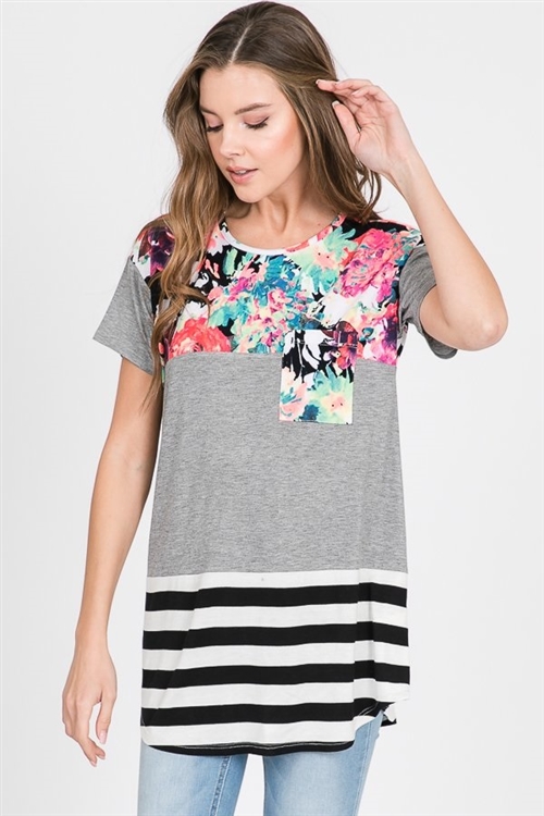 S35-1-1-HM-ST1057-10-HGY - FLORAL AND STRIPE CONTRAST CASUAL TOP WITH LACE- HEATHER GREY 2-2-2