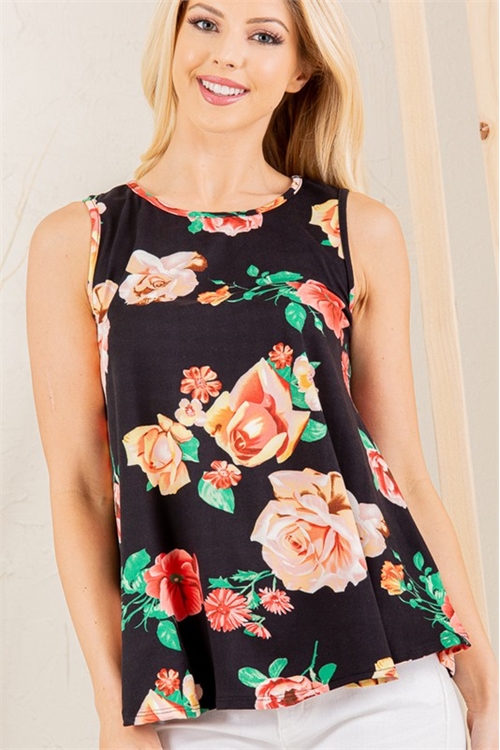 S35-1-1-HM-ST1085-66-BK - SLEEVELESS ROUND NECK FLORAL PRINT TOP- BLACK 2-2-2