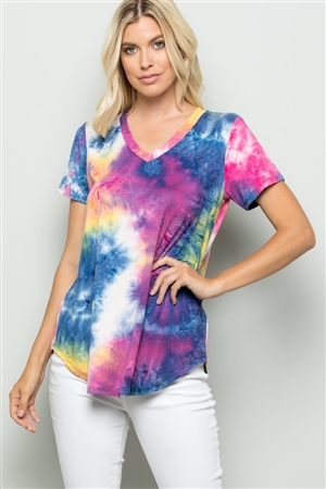 S35-1-1-HM-ST1153-99-NVHPKYW - SHORT SLEEVE V NECK MULTI COLOR TIE DYE PRINT TOP- NAVY/HOT PINK/YELLOW 2-2-2