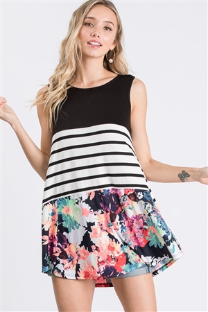 S35-1-1-HM-ST1165-13-BK - ROUND NECK STRIPE AND FLORAL PRINT CONTRAST TOP- BLACK 2-2-2