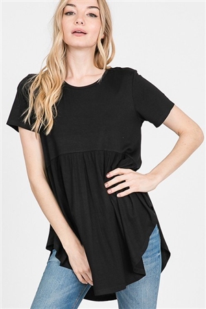 S35-1-1-HM-ST1166S-BK - SHORT SLEEVE ROUND NECK SOLID BABYDOLL TOP- BLACK 2-2-2