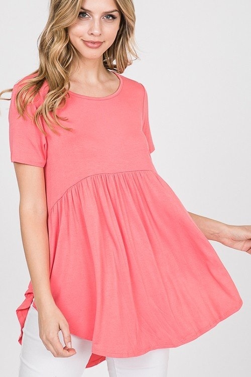 S35-1-1-HM-ST1166S-CO - SHORT SLEEVE ROUND NECK SOLID BABYDOLL TOP- CORAL 2-2-2