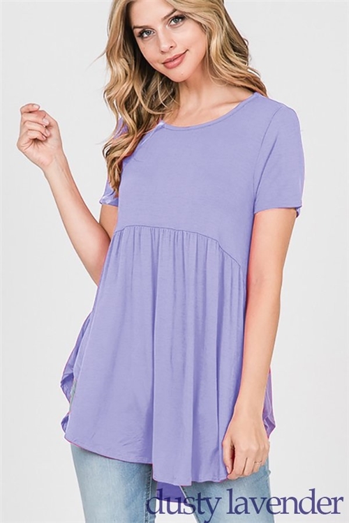 S35-1-1-HM-ST1166S-DSLVD - SHORT SLEEVE ROUND NECK SOLID BABYDOLL TOP- DUSTY LAVENDER 2-2-2