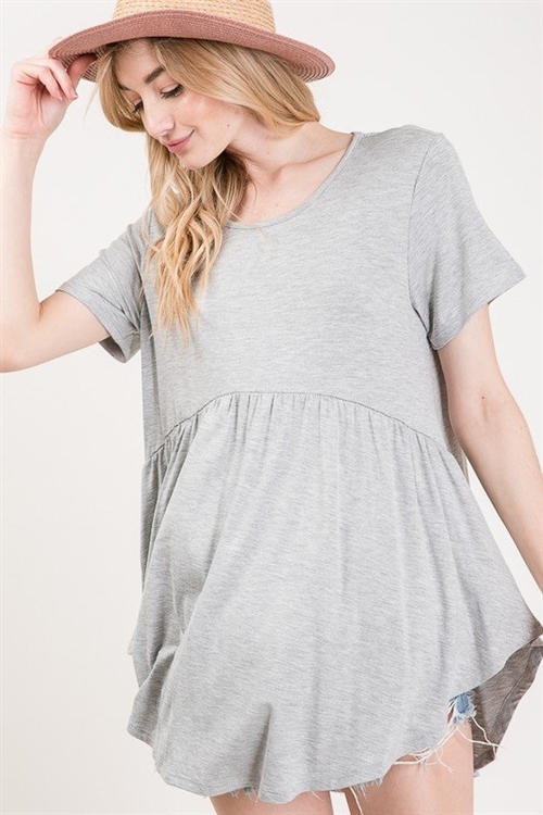 S35-1-1-HM-ST1166S-HGY - SHORT SLEEVE ROUND NECK SOLID BABYDOLL TOP- HEATHER GREY 2-2-2