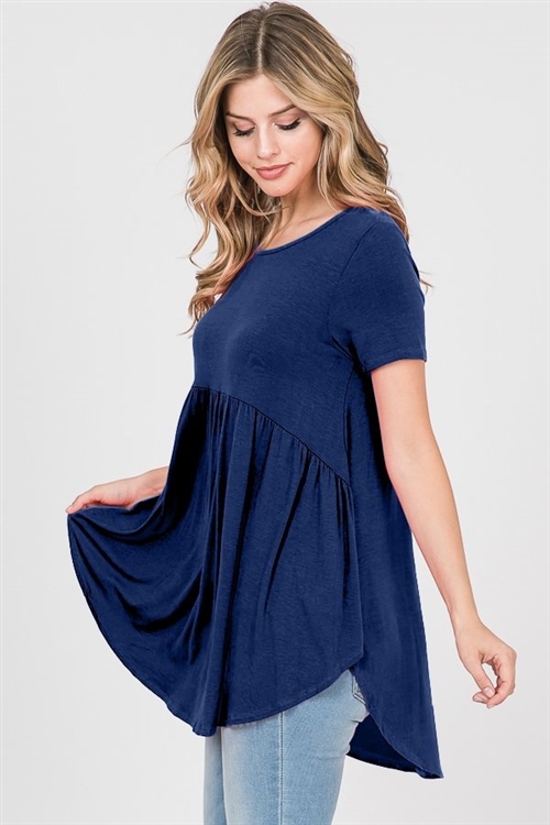S35-1-1-HM-ST1166S-NV - SHORT SLEEVE ROUND NECK SOLID BABYDOLL TOP- NAVY 2-2-2