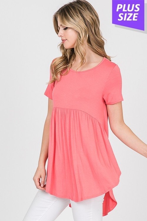 S35-1-1-HM-ST1166SX-CO - PLUS SIZE SHORT SLEEVE ROUND NECK SOLID BABYDOLL TOP- CORAL 2-2-2