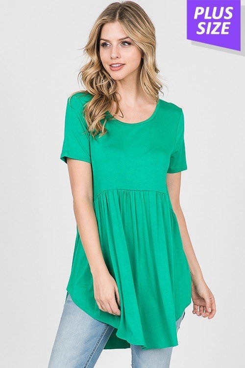 S35-1-1-HM-ST1166SX-KG - PLUS SIZE SHORT SLEEVE ROUND NECK SOLID BABYDOLL TOP- KELLY GREEN 2-2-2