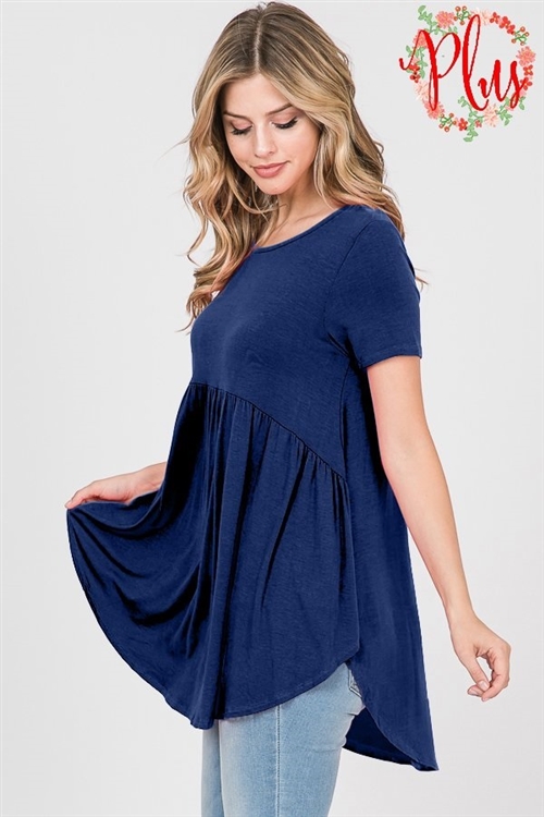 S35-1-1-HM-ST1166SX-NV - PLUS SIZE SHORT SLEEVE ROUND NECK SOLID BABYDOLL TOP- NAVY 2-2-2