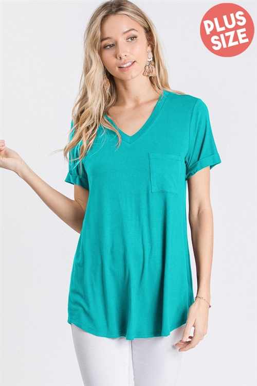 S35-1-1-HM-ST1217SX-MNT - PLUS SIZE SHORT SLEEVE V NECK SOLID TOP WITH FRONT POCKET- MINT 2-2-2