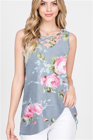 S35-1-1-HM-ST1232-11-GY - SLEEVELESS CRISSCROSS V NECK FLORAL PRINT TOP- GRAY 2-2-2