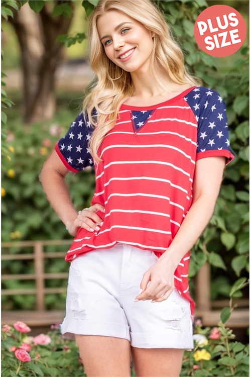 S35-1-1-HM-ST1274-10X-RDNV - SHORT SLEEVE ROUND NECK STRIPE AND STAR PRINT CONTRAST TOP WITH STITCH DETAILX SIZE- RED NAVY 2-2-2