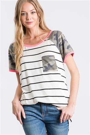 S35-1-1-HM-ST1302-11-IVBK - STRIPE AND CAMO PRINT CONTRAST TOP WITH FRONT POCKET- IVORY BLACK 2-2-2
