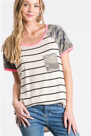 S35-1-1-HM-ST1302-11-OTMBK - STRIPE AND CAMO PRINT CONTRAST TOP WITH FRONT POCKET- OATMEAL/BLACK 2-2-2