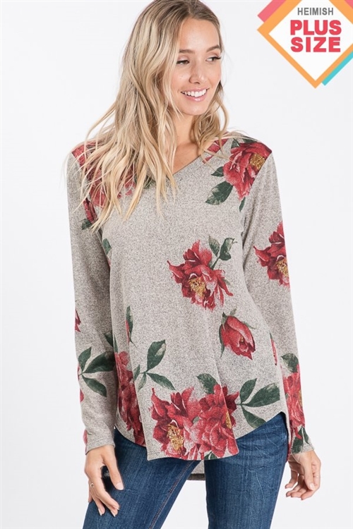 S35-1-1-HM-ST1315-12X-GY - PLUS SIZE LONG SLEEVE V NECK FLORAL PRINT TOP- GRAY 2-2-2