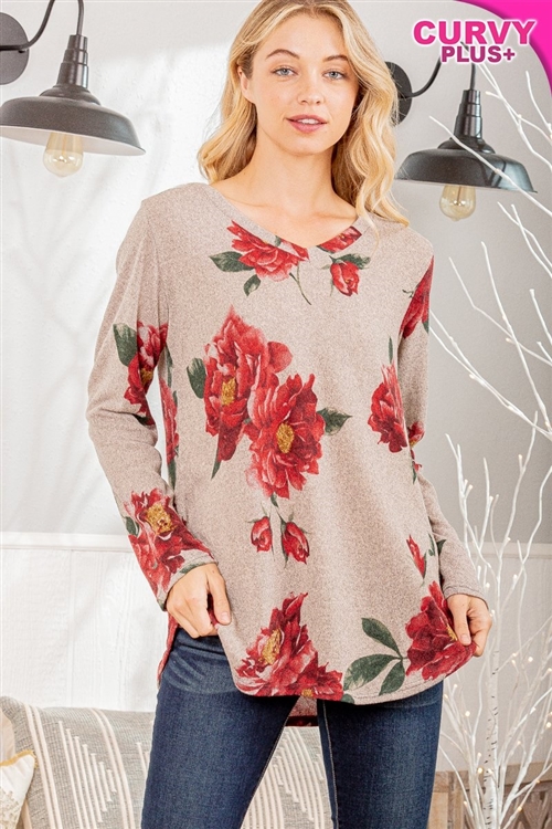 S35-1-1-HM-ST1315-12X-MC - PLUS SIZE LONG SLEEVE V NECK FLORAL PRINT TOP- MOCHA 2-2-2