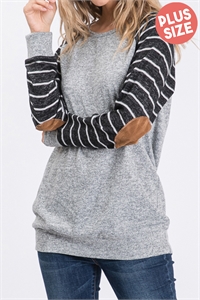 S35-1-1-HM-ST1343-10X-HG - PLUS SIZE ELBOW PATCH DETAIL STRIPE PRINT CONTRAST TOP- HEATHER GREY 2-2-2