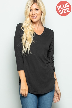 S35-1-1-HM-ST1354SX-BK - PLUS SIZE THREE QUARTER SLEEVE V NECK SOLID TOP- BLACK 2-2-2