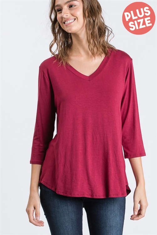 S35-1-1-HM-ST1354SX-BU - PLUS SIZE THREE QUARTER SLEEVE V NECK SOLID TOP- BURGUNDY 2-2-2