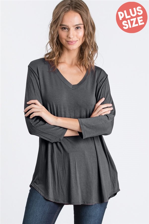 S35-1-1-HM-ST1354SX-CH - PLUS SIZE THREE QUARTER SLEEVE V NECK SOLID TOP- CHARCOAL 2-2-2