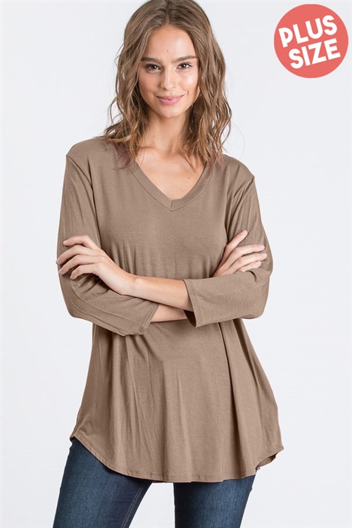 S35-1-1-HM-ST1354SX-MC - PLUS SIZE THREE QUARTER SLEEVE V NECK SOLID TOP- MOCHA 2-2-2