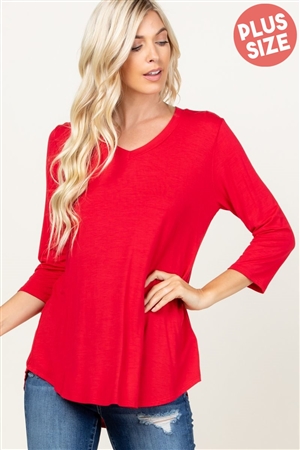 S35-1-1-HM-ST1354SX-RD - PLUS SIZE THREE QUARTER SLEEVE V NECK SOLID TOP- RED 2-2-2