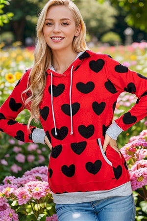 HM-ST1360-23X-RD-LONG SLEEVE SOLID & VALENTINE HEART HOODED TOP W/ KANGAROO POCKET DETAIL PLUS SIZE-RED-2-2-2