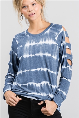 S35-1-1-HM-ST1388-20-NV - LONG SLEEVE LADDER CUT OUT ROUND NECK TIE DYE PRINT TOP- NAVY 2-2-2