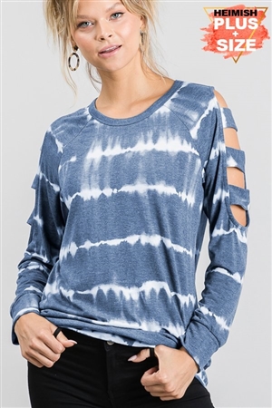 S35-1-1-HM-ST1388-20X-NV - PLUS SIZE LONG SLEEVE LADDER CUT OUT ROUND NECK TIE DYE PRINT TOP- NAVY 2-2-2