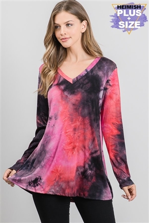 S35-1-1-HM-ST1447-98X-BKRD - PLUS SIZE LONG SLEEVE V NECK TIE DYE TOP- BLACK RED 2-2-2