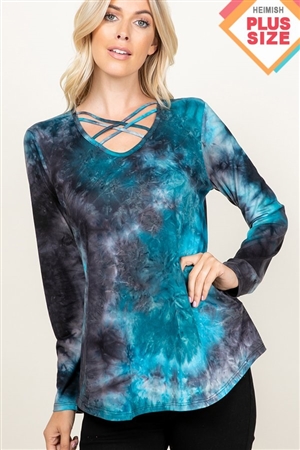 S35-1-1-HM-ST1481-13X-BKTL - PLUS SIZE LONG SLEEVE CRISSCROSS V NECK TIE DYE PRINT TOP- BLACK TEAL 2-2-2