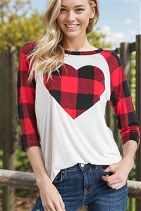 HM-ST1503-10X-BKRD-PLUS SIZE THREE QUARTER SLEEVE SOLID, PLAID CONTRAST TOP W/ PLAID HEART PATCH DETAIL-BLACK/RED-2-2-2