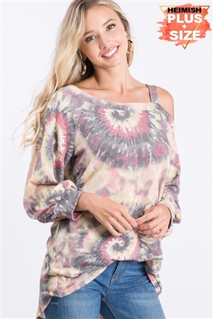 S35-1-1-HM-ST1510-10X-GYYLW - PLUS SIZE COLD SHOULDER MULTI COLOR PRINT TOP WITH STRAP- GREY/YELLOW 2-2-2