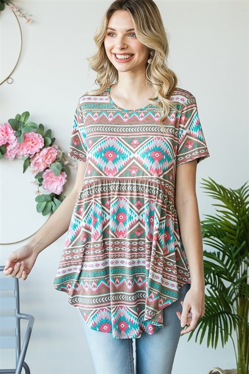 S35-1-1-HM-ST1518-50-MLT - MULTI COLOR AZTEC PRINT BABYDOLL TOP- MULTI 2-2-2