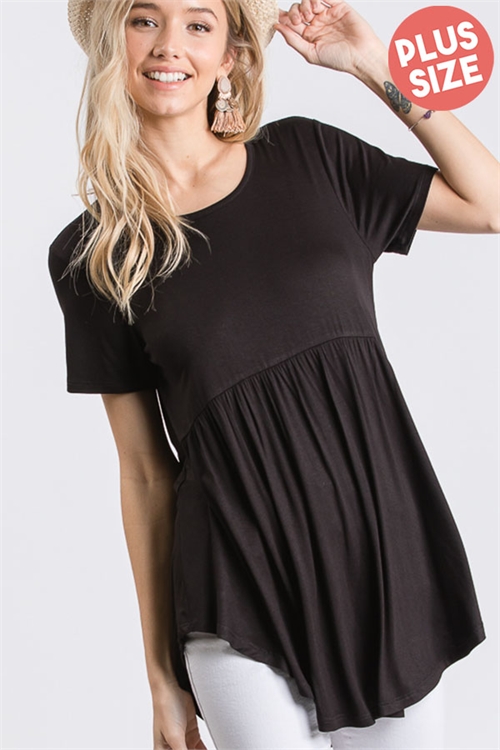 S35-1-1-HM-ST1518SX-BK - PLUS SIZE SHORT SLEEVE ROUND NECK SOLID BABYDOLL TOP WITH SHIRRING AND ROUND HEM DETAIL - BLACK 2-2-2