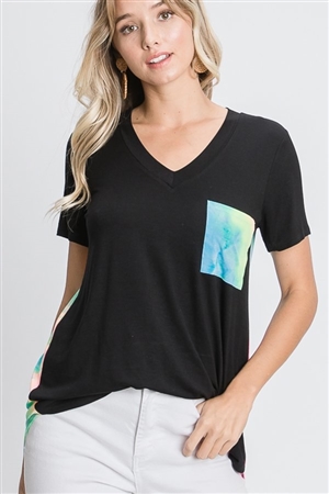 S35-1-1-HM-ST1524-16-BK - SOLID MULTI COLOR TIE DYE PRINT CONTRAST TOP WITH FRONT POCKET- BLACK 2-2-2