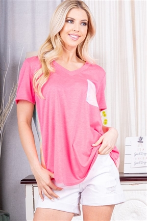 S35-1-1-HM-ST1524-16-NPK - SOLID MULTI COLOR TIE DYE PRINT CONTRAST TOP WITH FRONT POCKET- NEON PINK 2-2-2