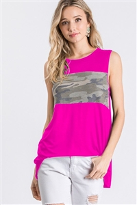 S35-1-1-HM-ST1557-11-FCH - SLEEVELESS SOLID AND CAMO PRINT CONTRAST TOP- FUCHSIA 2-2-2