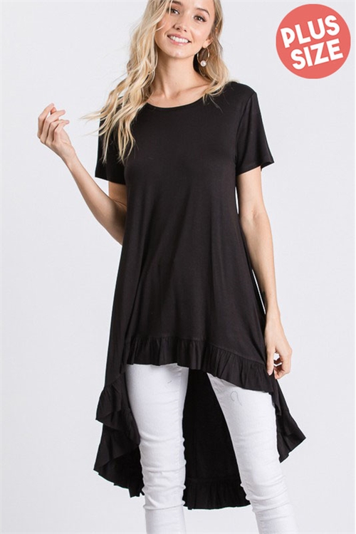 S35-1-1-HM-ST1562SX-BK - PLUS SIZE SHORT SLEEVE ROUND NECK SOLID HIGH LOW TUNIC TOP WITH RUFFLED DETAIL- BLACK 2-2-2