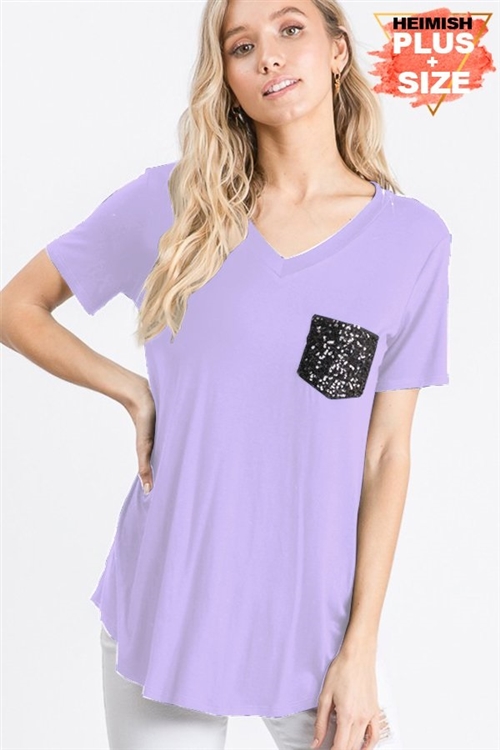 S35-1-1-HM-ST1567SX-DSLVD - PLUS SIZE V NECK SOLID TOP WITH BLACK SEQUINS POCKET- DUSTY LAVENDER 2-2-2