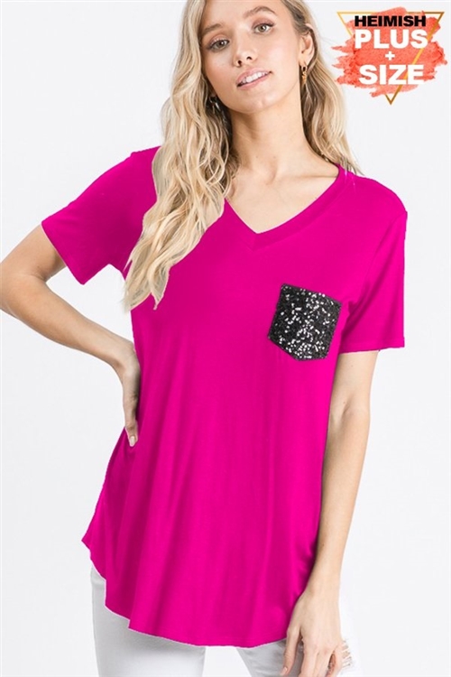 S35-1-1-HM-ST1567SX-FCH - PLUS SIZE V NECK SOLID TOP WITH BLACK SEQUINS POCKET- FUCHSIA 2-2-2